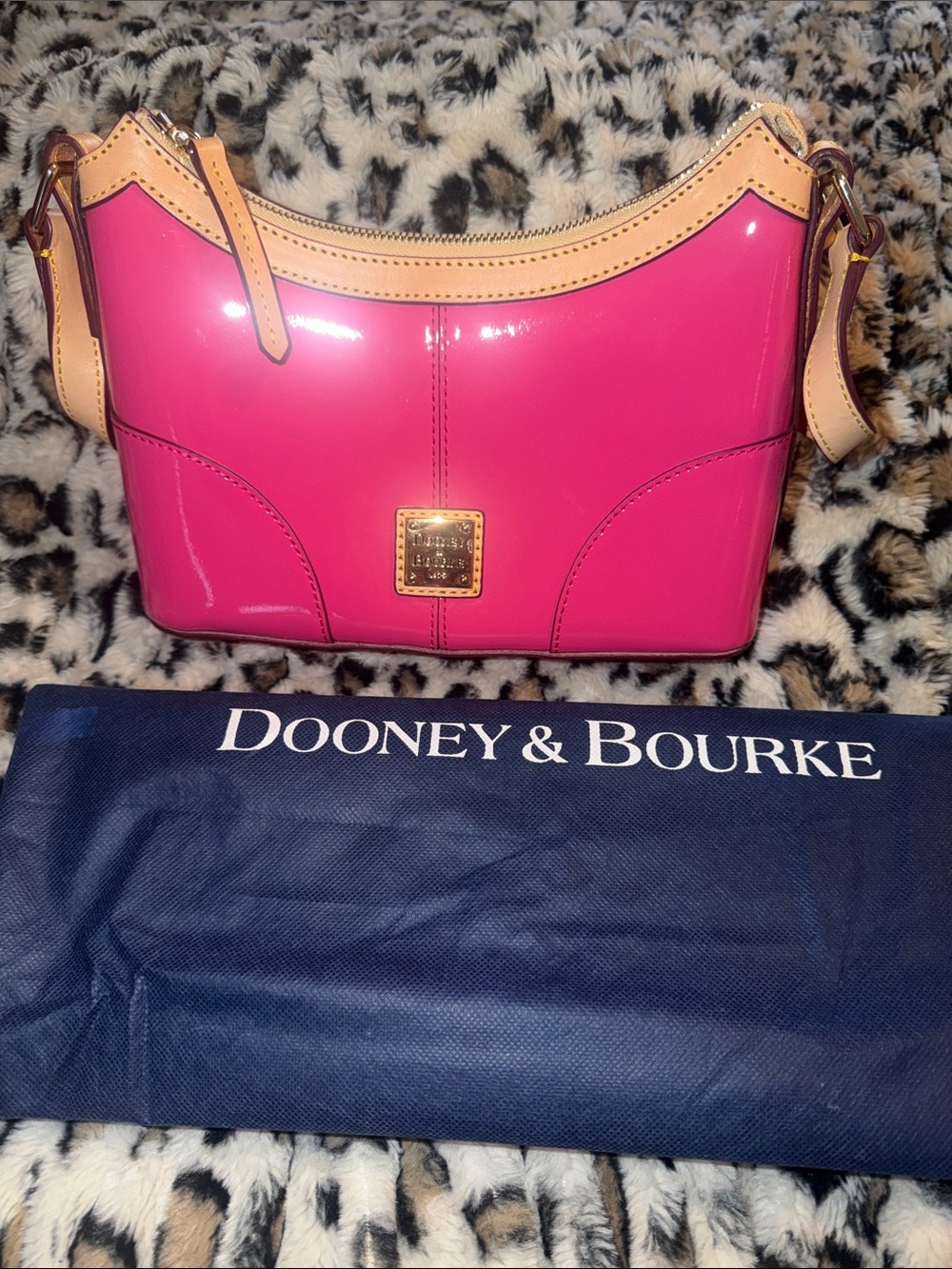Dooney & Bourke Hot Pink Patent Shoulder Bag with Tan Trim